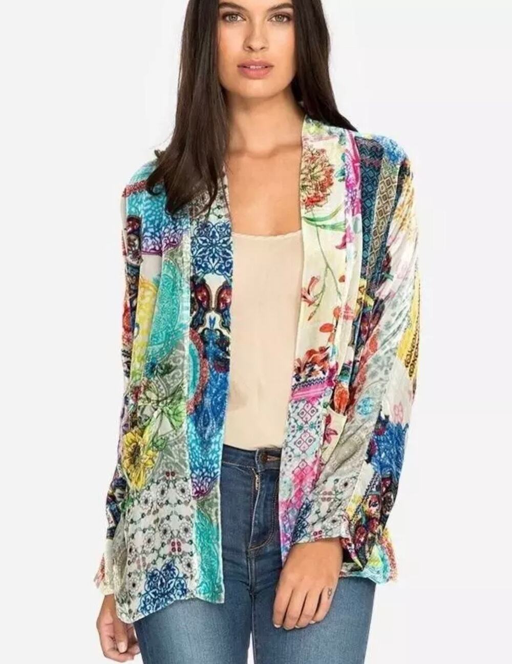 RARE Johnny Was Size XS Gigi Boho Printed Velvet Silk Kimono Jacket Cardigan